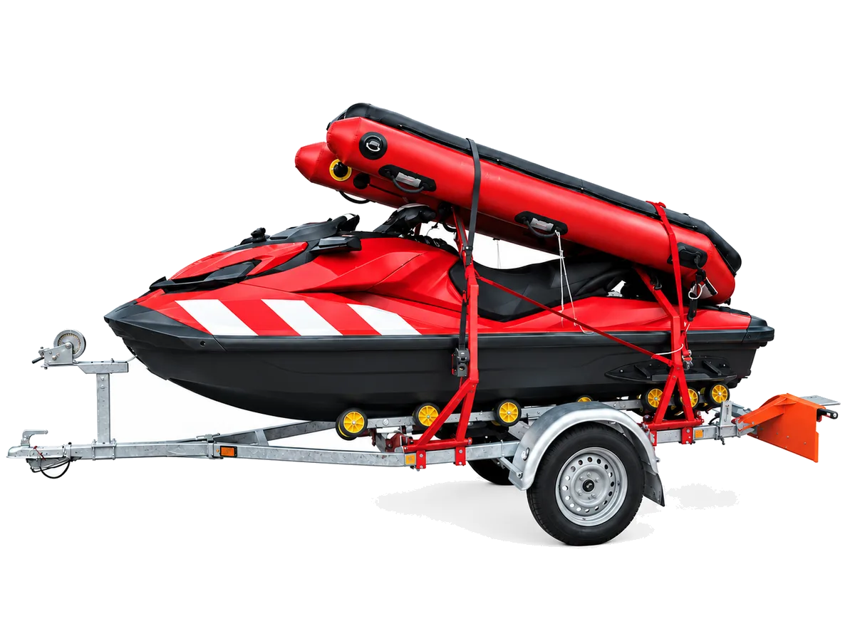 Reddingswaterscooter met Rescue Raft op een trailer